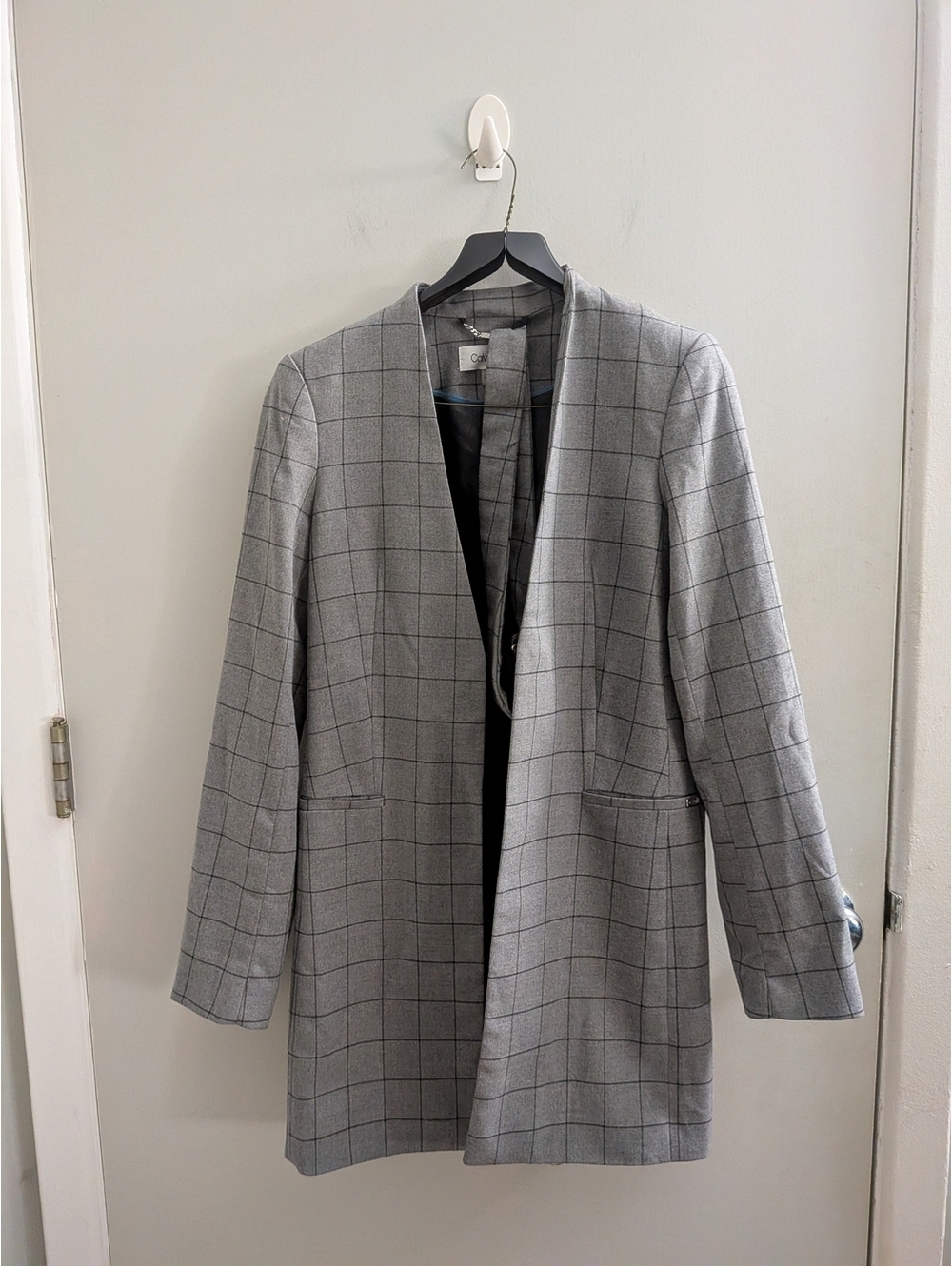 Calvin Klein Plaid Windowpane Longline Topper Jacket Blazer Grey W Belt 80s EUC